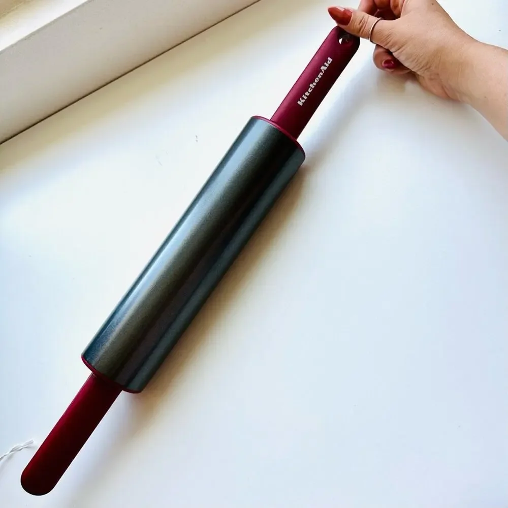 NEW KITCHENAID Red Burgundy Silver Steel Rolling Pin Wide Barrel Kitchen Tool